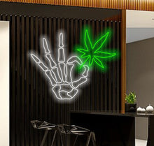 Load image into Gallery viewer, Skeleton arm with cannabis neon sign, Skellihand with cannabis Neon Sign