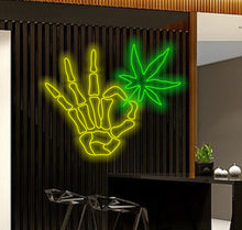 Load image into Gallery viewer, Skeleton arm with cannabis neon sign, Skellihand with cannabis Neon Sign