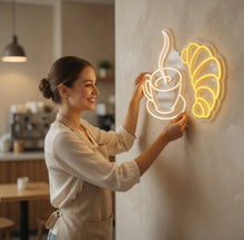 Load image into Gallery viewer, Neon coffee cup and croissant sign, Coffee cup neon sign, Croissant neon sign, Coffee and croissant neon, Neon coffee cup and breakfast sign