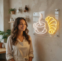 Load image into Gallery viewer, Neon coffee cup and croissant sign, Coffee cup neon sign, Croissant neon sign, Coffee and croissant neon, Neon coffee cup and breakfast sign