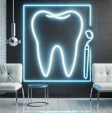 Load image into Gallery viewer, Tooth neon sign, dentist office neon sign, dental clinic neon sign, orthodontist neon sign, teeth whitening neon sign, smile neon sign, open dentist neon sign, tooth LED sign