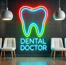 Load image into Gallery viewer, Dental doctor neon sign, tooth neon sign, dentist office neon sign, dental clinic neon sign, orthodontist neon sign, teeth whitening neon sign, smile neon sign, open dentist neon sign, tooth LED sign