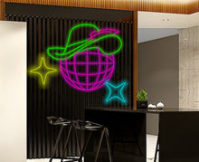 Load image into Gallery viewer, Disco ball neon sign, Disco Cowboy Sign, Cowboy Hat Sign