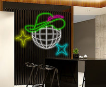 Load image into Gallery viewer, Disco ball neon sign, Disco Cowboy Sign, Cowboy Hat Sign