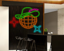 Load image into Gallery viewer, Disco ball neon sign, Disco Cowboy Sign, Cowboy Hat Sign