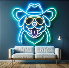 Load image into Gallery viewer, Neon sign in shape of bulldog with cowboy hat
