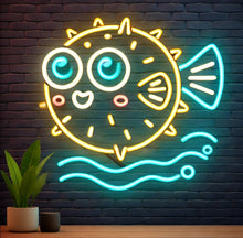 Load image into Gallery viewer, Spiky Pufferfish Neon Sign, fugu sea fish neon sign, round blowfish neon sign, ocean fugu neon sign Multicolor