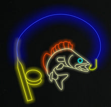 Load image into Gallery viewer, Fish neon sign, Neon sign with walleye fishing, Walleye neon sign for sale, Fishing neon sign with walleye, Fisherman's neon sign with walleye, Walleye hook