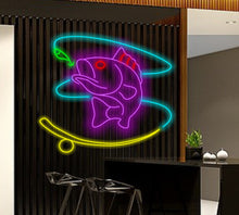 Load image into Gallery viewer, Fishing neon sign, Neon sign with fishing design, Custom fishing neon sign, Neon sign with fishing design, Neon sign for fishing enthusiasts