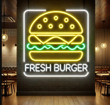 Load image into Gallery viewer, Burger Neon sign with inscription fresh burger, open hamburger Neon Sign, Fast Food neon Sign, Kitchen Wall Decor, bar neon sign