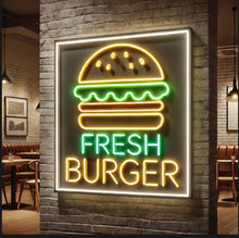 Load image into Gallery viewer, Burger Neon sign with inscription fresh burger, open hamburger Neon Sign, Fast Food neon Sign, Kitchen Wall Decor, bar neon sign