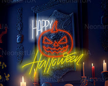 Load image into Gallery viewer, Happy Halloween neon sign, Haunted house neon decor, Unique Halloween neon sign, Orange neon pumpkin light, Neon Halloween decorations