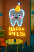 Load image into Gallery viewer, Tooth "Happy Smiles" Neon Sign, dental clinic neon sign, dentist tooth neon sign, bright smile neon sign