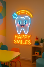 Load image into Gallery viewer, Happy Smiles Tooth Neon Sign, dental office neon sign, smiling tooth neon sign, orthodontic neon sign
