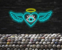 Load image into Gallery viewer, Neon heart sign with wings and all-seeing eye, Neon love sign with wings and eye, Neon cupid heart sign with all-seeing eye, Neon lovesymbol
