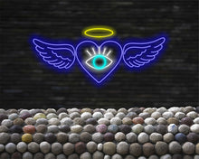 Load image into Gallery viewer, Neon heart sign with wings and all-seeing eye, Neon love sign with wings and eye, Neon cupid heart sign with all-seeing eye, Neon lovesymbol