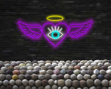 Load image into Gallery viewer, Neon heart sign with wings and all-seeing eye, Neon love sign with wings and eye, Neon cupid heart sign with all-seeing eye, Neon lovesymbol