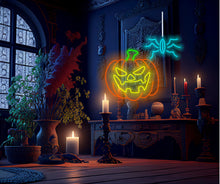 Load image into Gallery viewer, Halloween pumpkin and spider neon sign, Haunted house neon decor, Unique Halloween neon sign, Orange neon pumpkin light, Neon Halloween decorations