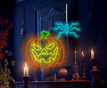 Load image into Gallery viewer, Halloween pumpkin and spider neon sign, Haunted house neon decor, Unique Halloween neon sign, Orange neon pumpkin light, Neon Halloween decorations
