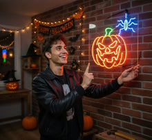 Load image into Gallery viewer, Halloween pumpkin and spider neon sign, Haunted house neon decor, Unique Halloween neon sign, Orange neon pumpkin light, Neon Halloween decorations