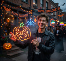 Load image into Gallery viewer, Halloween pumpkin and spider neon sign, Haunted house neon decor, Unique Halloween neon sign, Orange neon pumpkin light, Neon Halloween decorations