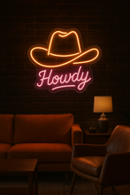 Load image into Gallery viewer, Howdy Hat Neon Sign, Southern hospitality neon sign, Country ranch neon sign