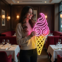 Load image into Gallery viewer, Ice Cream Neon Sign – Vintage Swirl Cone Silhouette | Sweet Cream Glow Visual Accent
