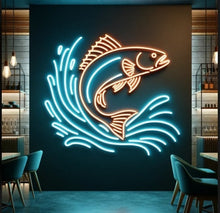 Load image into Gallery viewer, Salmon fish neon sign, neon sign as a gift for a fisherman, Alaskan salmon in water neon sign, Pink salmon, King salmon, Silver salmon neon