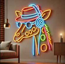 Load image into Gallery viewer, Giraffe with Headphones Neon Sign, Hat and glasses neon sign, DJ giraffe neon sign Multicolor