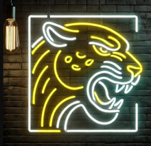Load image into Gallery viewer, Leopard Snarl Neon Sign, Framed growling neon sign, Roaring wildcat neon sign