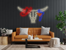 Load image into Gallery viewer, Longhorn bull neon sign, Bull skull neon sign, Cowboy hat and revolver neon, Western-themed neon sign, Cowboy skull neon, Southwesterndecor