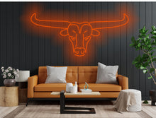 Load image into Gallery viewer, Bull neon sign, longhorn bull neon sign, head bull neon sign, cow head neon sign, western themed neon sign, cowboy neon sign, rodeo neonsign