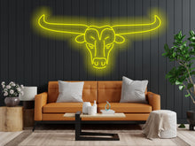 Load image into Gallery viewer, Bull neon sign, longhorn bull neon sign, head bull neon sign, cow head neon sign, western themed neon sign, cowboy neon sign, rodeo neonsign