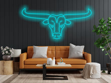 Load image into Gallery viewer, Bull neon sign, longhorn bull neon sign, head bull neon sign, cow head neon sign, western themed neon sign, cowboy neon sign, rodeo neonsign