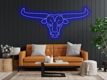 Load image into Gallery viewer, Bull neon sign, longhorn bull neon sign, head bull neon sign, cow head neon sign, western themed neon sign, cowboy neon sign, rodeo neonsign