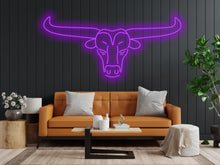 Load image into Gallery viewer, Bull neon sign, longhorn bull neon sign, head bull neon sign, cow head neon sign, western themed neon sign, cowboy neon sign, rodeo neonsign