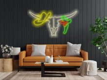 Load image into Gallery viewer, Longhorn bull neon sign, Bull skull neon sign, Cowboy hat and revolver neon, Western-themed neon sign, Cowboy skull neon, Southwesterndecor