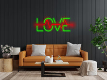 Load image into Gallery viewer, Neon sign that says love and has a pulse inside it, neon sign combining heart and pulse, love neon sign, neon sign gift for lovers