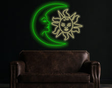 Load image into Gallery viewer, Moon face neon sign, sun face neon sign, luna neon sign, Neon Moon Mommy and Baby Sun decor, kid's room wall decor, Moon and Sun Lover Gift