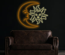 Load image into Gallery viewer, Moon face neon sign, sun face neon sign, luna neon sign, Neon Moon Mommy and Baby Sun decor, kid's room wall decor, Moon and Sun Lover Gift