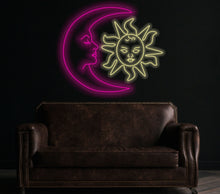 Load image into Gallery viewer, Moon face neon sign, sun face neon sign, luna neon sign, Neon Moon Mommy and Baby Sun decor, kid's room wall decor, Moon and Sun Lover Gift