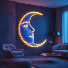 Load image into Gallery viewer, Crescent Moon Face Neon Sign, Man in the moon neon sign, Celestial neon sign