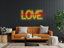 Load image into Gallery viewer, Neon sign that says love and has a pulse inside it, neon sign combining heart and pulse, love neon sign, neon sign gift for lovers