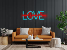 Load image into Gallery viewer, Neon sign that says love and has a pulse inside it, neon sign combining heart and pulse, love neon sign, neon sign gift for lovers