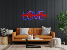 Load image into Gallery viewer, Neon sign that says love and has a pulse inside it, neon sign combining heart and pulse, love neon sign, neon sign gift for lovers