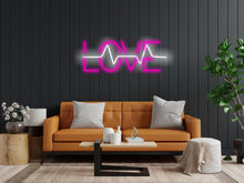 Load image into Gallery viewer, Neon sign that says love and has a pulse inside it, neon sign combining heart and pulse, love neon sign, neon sign gift for lovers
