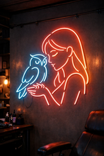 Load image into Gallery viewer, Owl Girl Neon Sign, Girl Holding Owl Neon Sign, Mystical Owl Lady Neon Sign