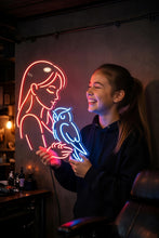 Load image into Gallery viewer, Owl Girl Neon Sign, Girl Holding Owl Neon Sign, Mystical Owl Lady Neon Sign