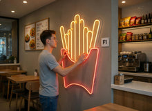 Load image into Gallery viewer, French fries neon sign, Fast food neon sign, Neon sign shaped like cup with fries, French fries LED sign, Neon light potato fries sign
