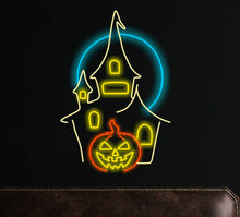 Load image into Gallery viewer, Haunted castle neon, Ghostly pumpkin neon lights, Ghostly glow pumpkin sign, Haunted pumpkin neon display, Halloween spirit neon sign
